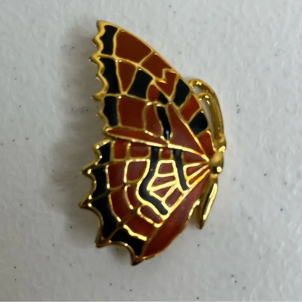 Vintage Orange Black Goldtone Butterfly Brooch Pin Costume Jewelry 1.25